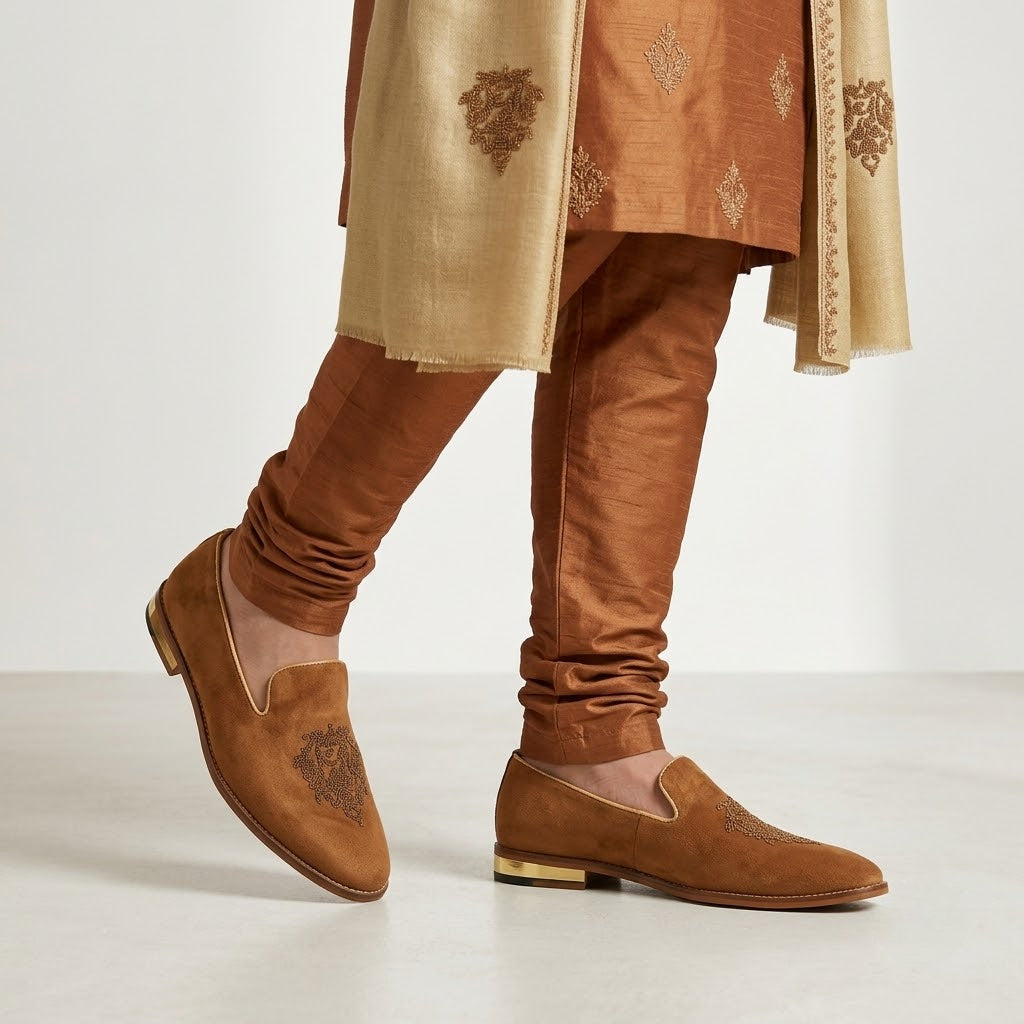 Tan Velvet Wedding Ethnic Party Shoes Loafer for Men