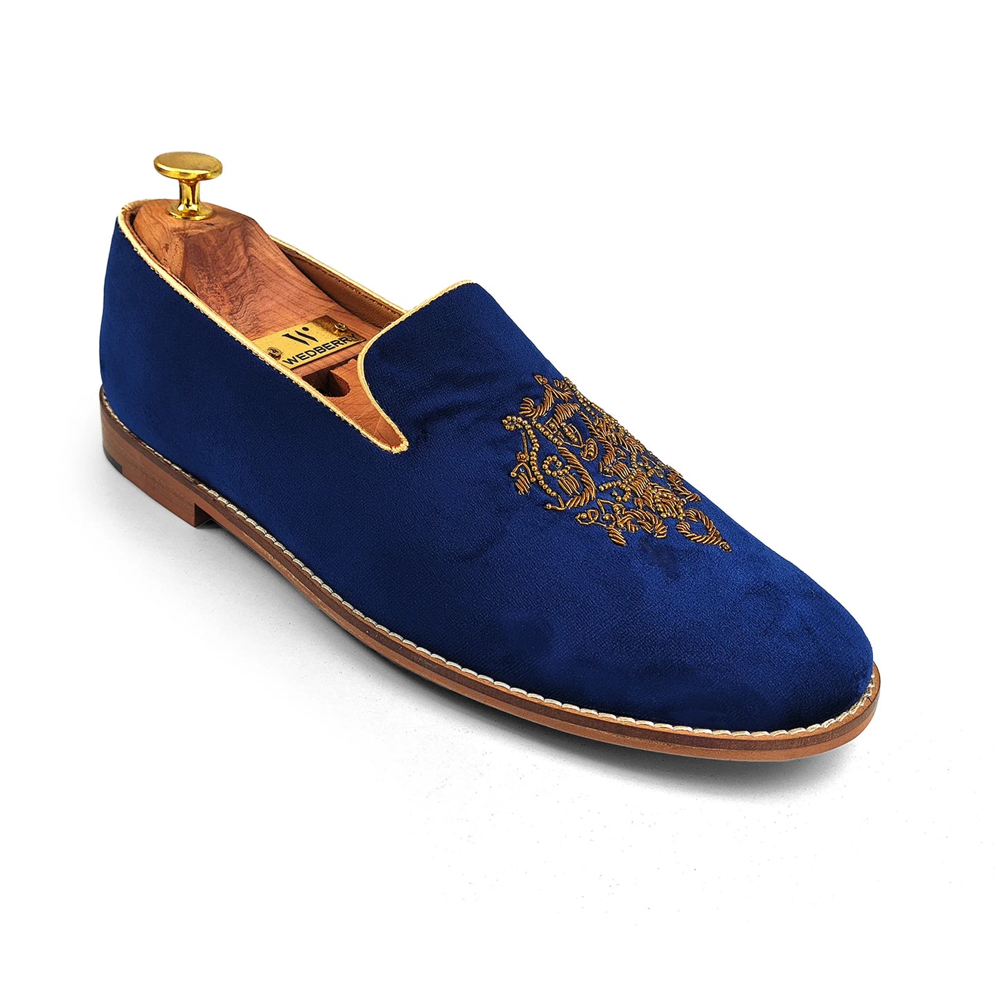 Navy Blue Velvet Antique Gold Zardozi Handwork Wedding Ethnic Shoes Party Loafers for MenWedding Ethnic Shoes Party Loafers for Men
