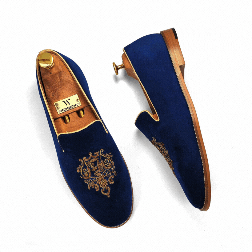 Navy Blue Velvet Antique Gold Zardozi Handwork Wedding Ethnic Shoes Party Loafers for MenWedding Ethnic Shoes Party Loafers for Men