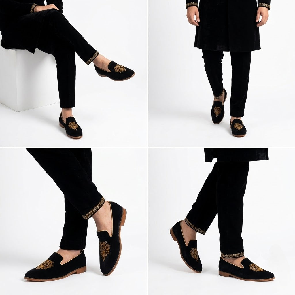 Black Velvet with Antique Gold Zardozi Handwork for Men