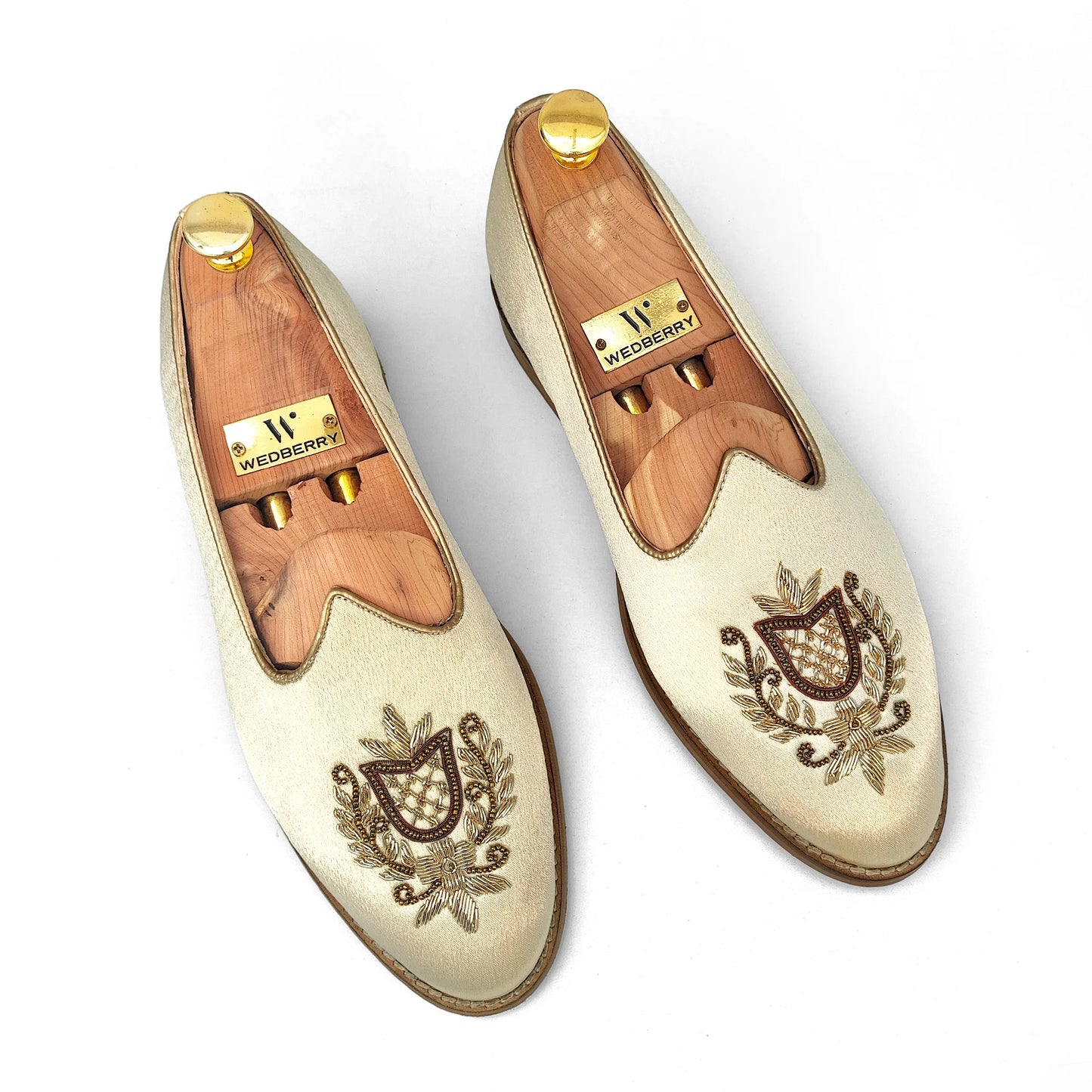 Ivory Creme Satin Gold Zardozi Handwork Wedding Shoes Ethnic Mojari for Men