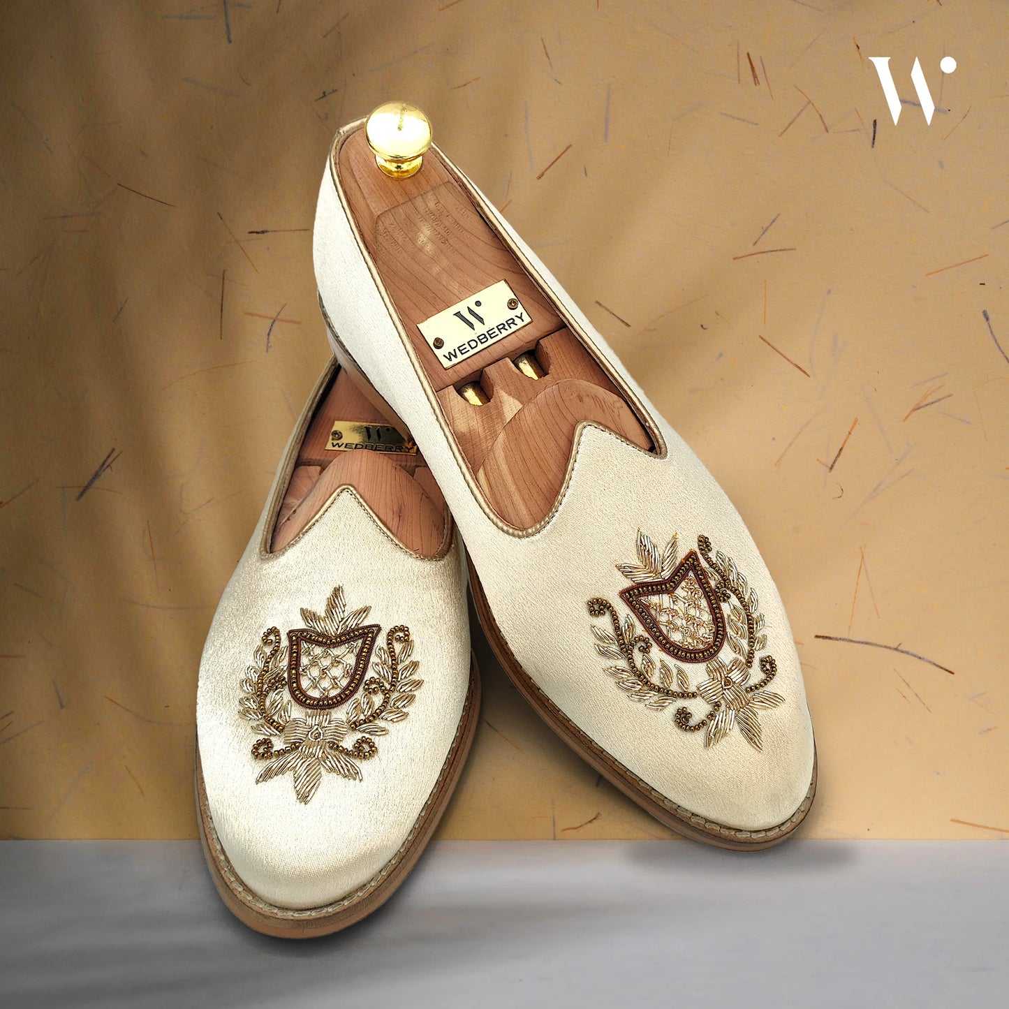 Ivory Creme Satin Gold Zardozi Handwork Wedding Shoes Ethnic Mojari for Men