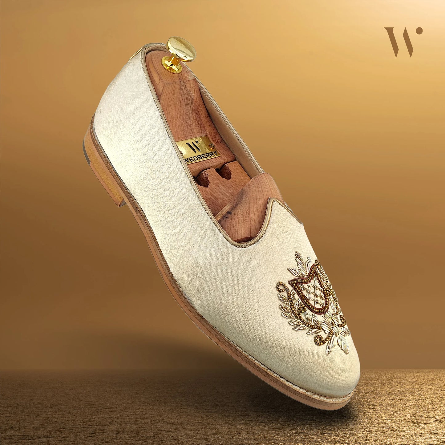 Ivory Creme Satin Gold Zardozi Handwork Wedding Shoes Ethnic Mojari for Men