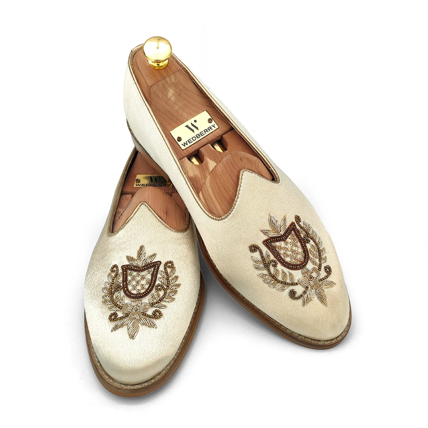 Ivory Creme Satin Gold Zardozi Handwork Wedding Shoes Ethnic Mojari for Men