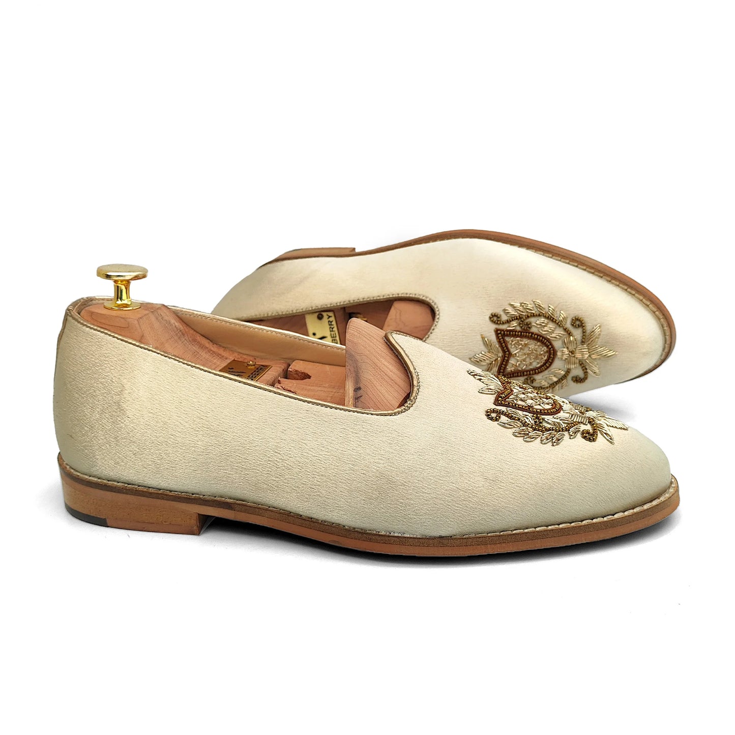 Ivory Creme Satin Gold Zardozi Handwork Wedding Shoes Ethnic Mojari for Men