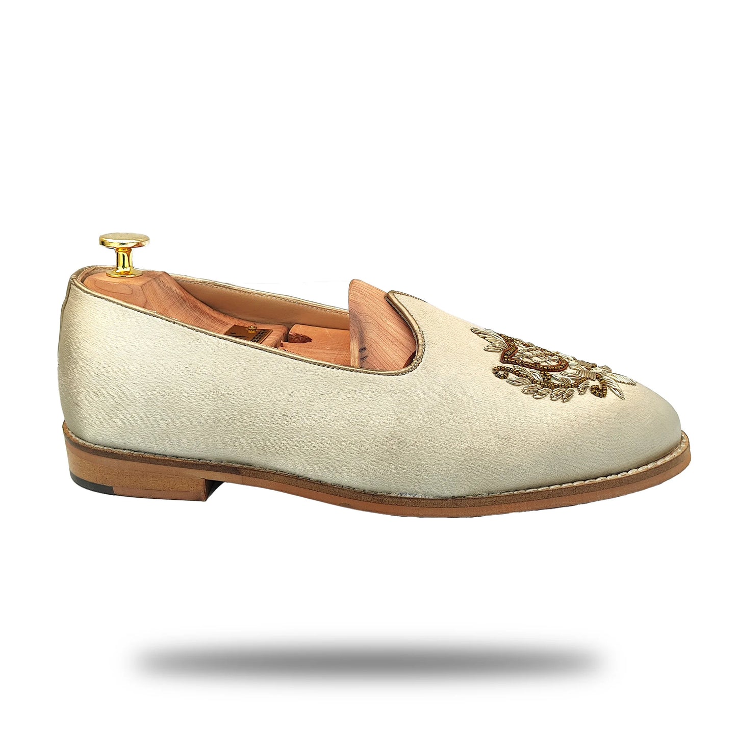 Ivory Creme Satin Gold Zardozi Handwork Wedding Shoes Ethnic Mojari for Men