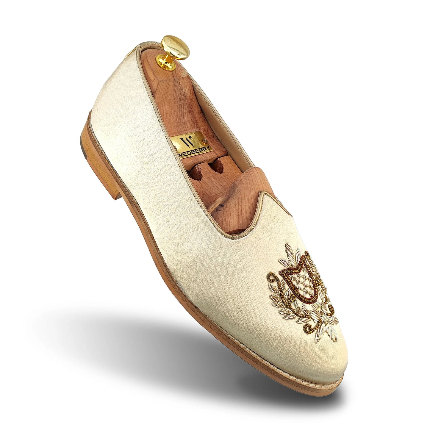 Ivory Creme Satin Gold Zardozi Handwork Wedding Shoes Ethnic Mojari for Men