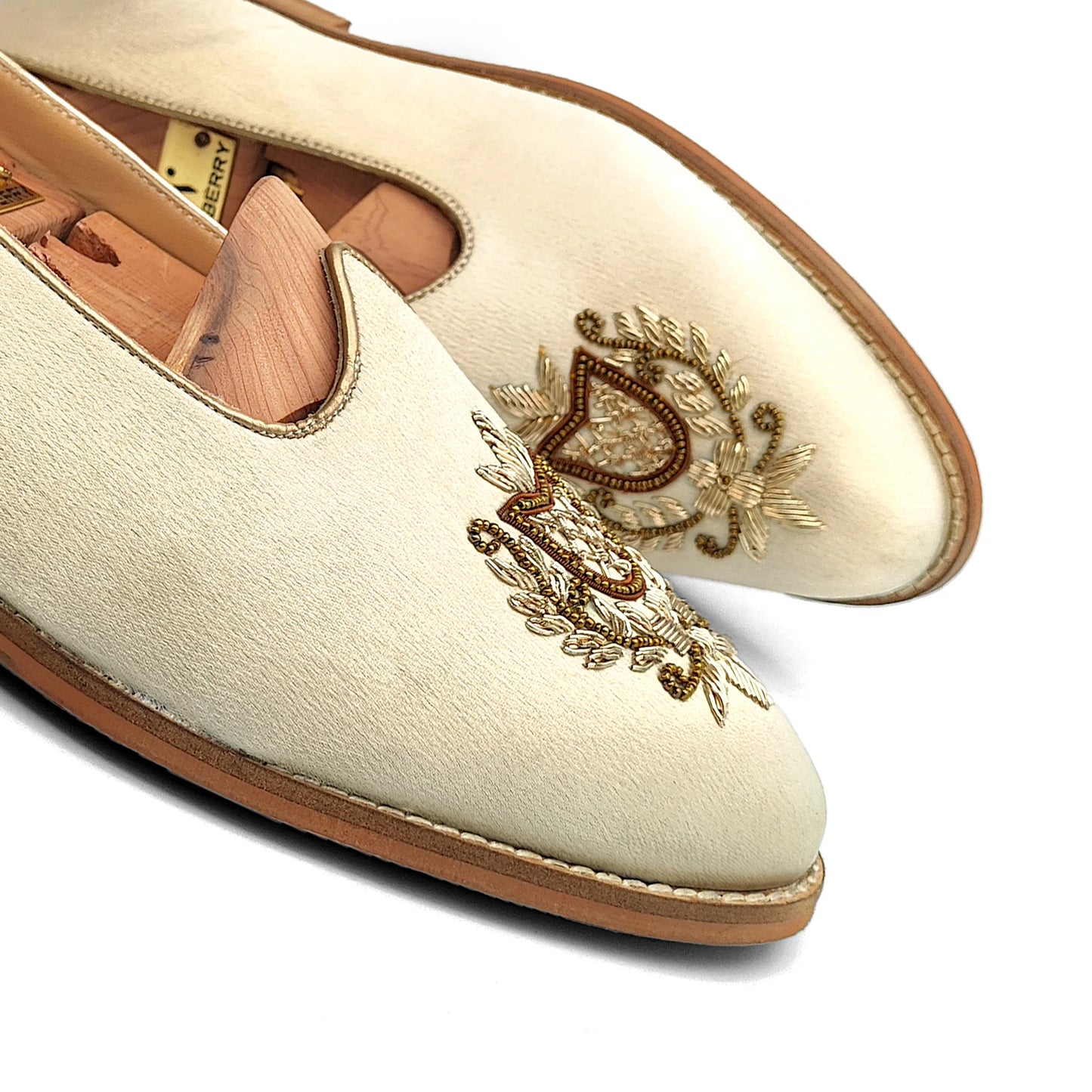 Ivory Creme Satin Gold Zardozi Handwork Wedding Shoes Ethnic Mojari for Men