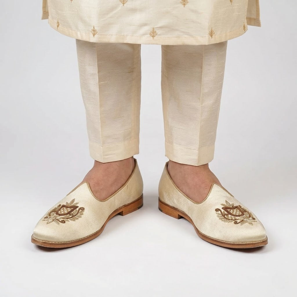 Ivory Creme Satin Gold Zardozi Handwork Wedding Shoes Ethnic Mojari for Men