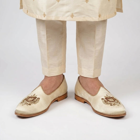 Ivory Creme Satin Gold Zardozi Handwork Wedding Shoes Ethnic Mojari for Men