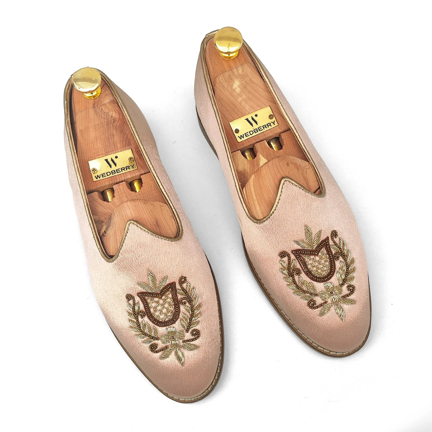 Pink Satin Gold Zardozi Handwork Wedding Shoes Ethnic Mojari for Men