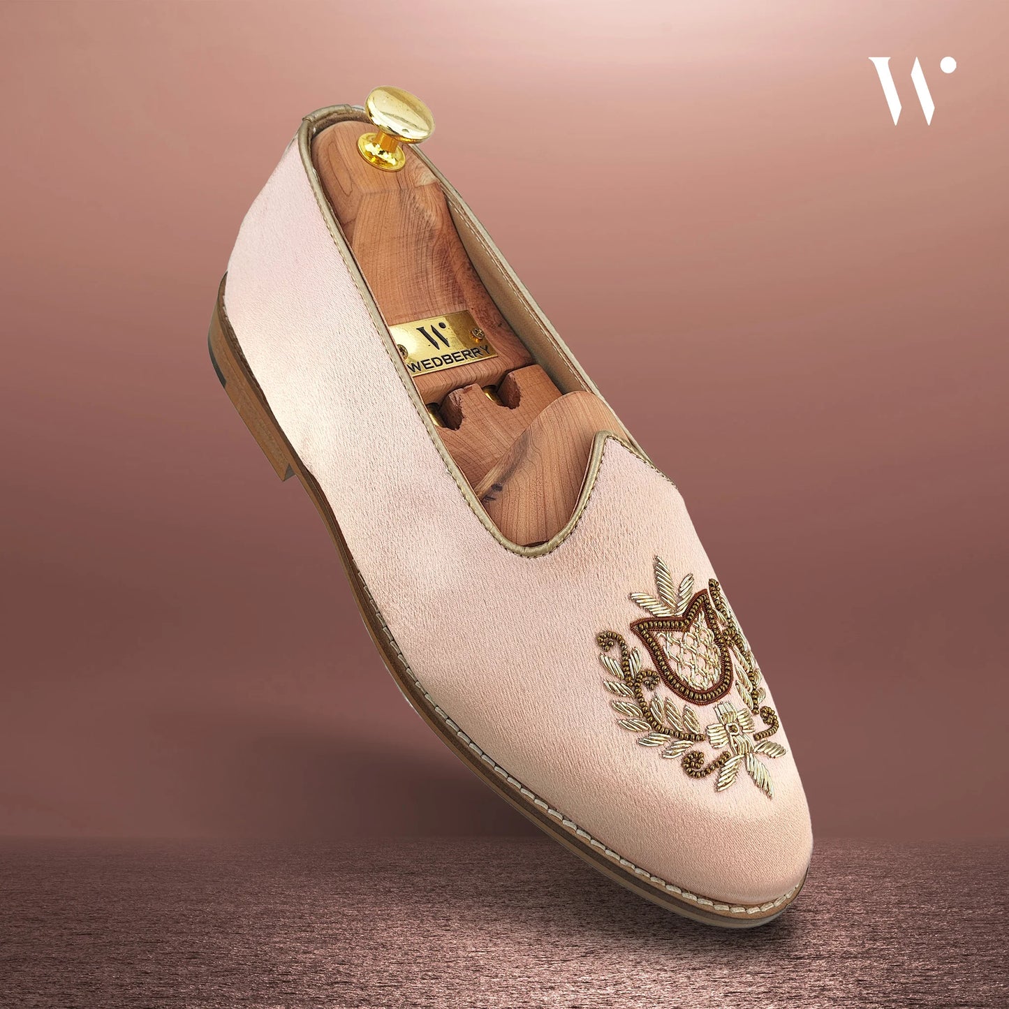 Pink Satin Gold Zardozi Handwork Wedding Shoes Ethnic Mojari for Men