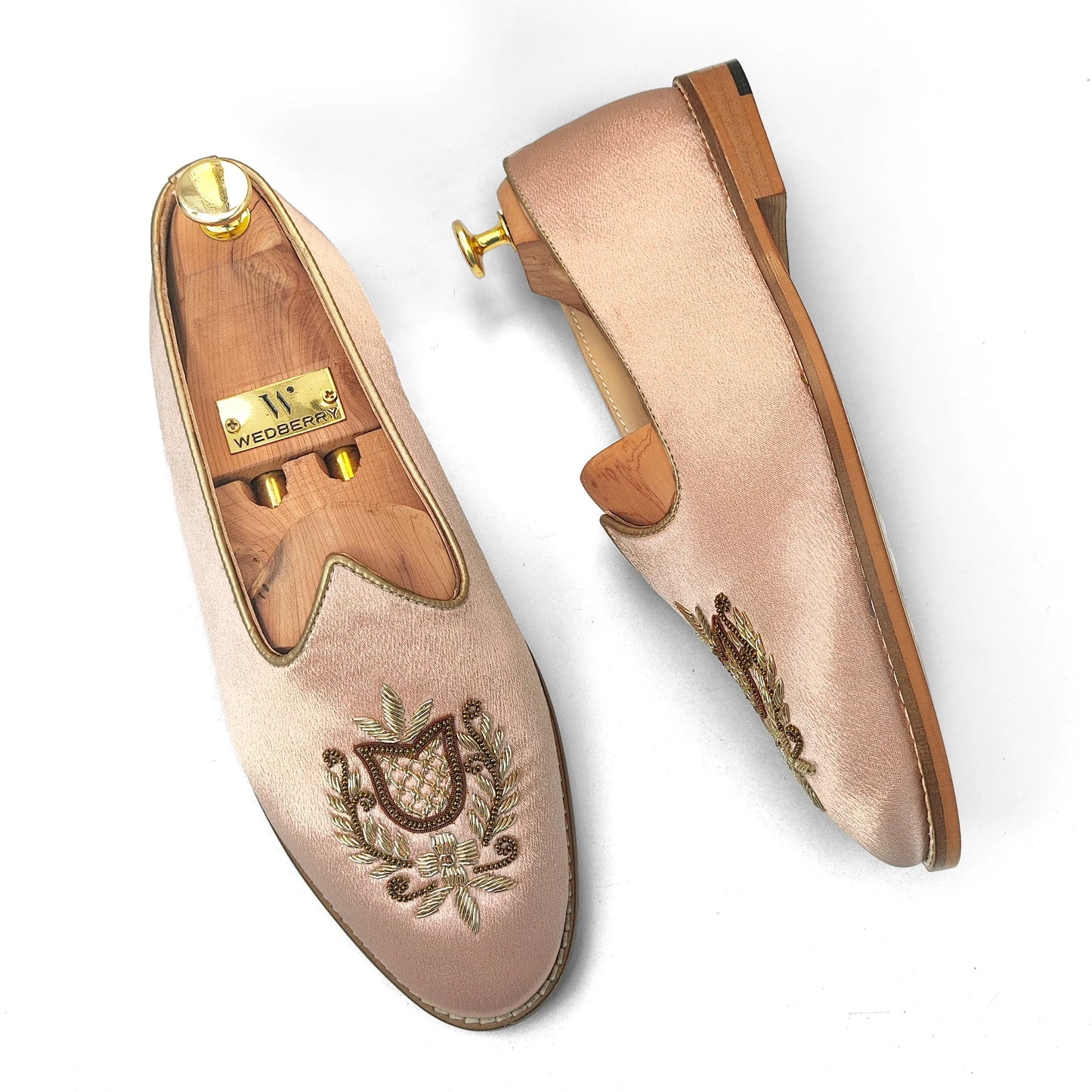 Pink Satin Gold Zardozi Handwork Wedding Shoes Ethnic Mojari for Men