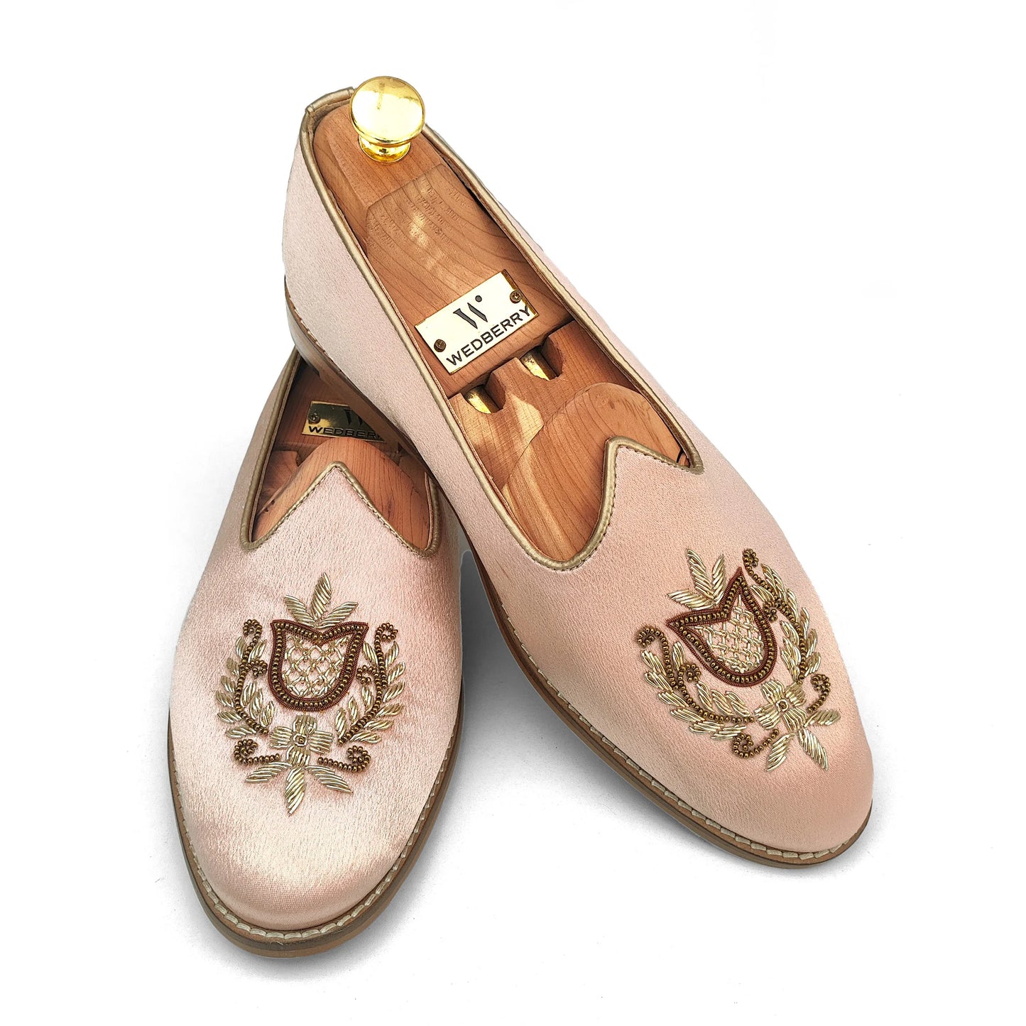 Pink Satin Gold Zardozi Handwork Wedding Shoes Ethnic Mojari for Men