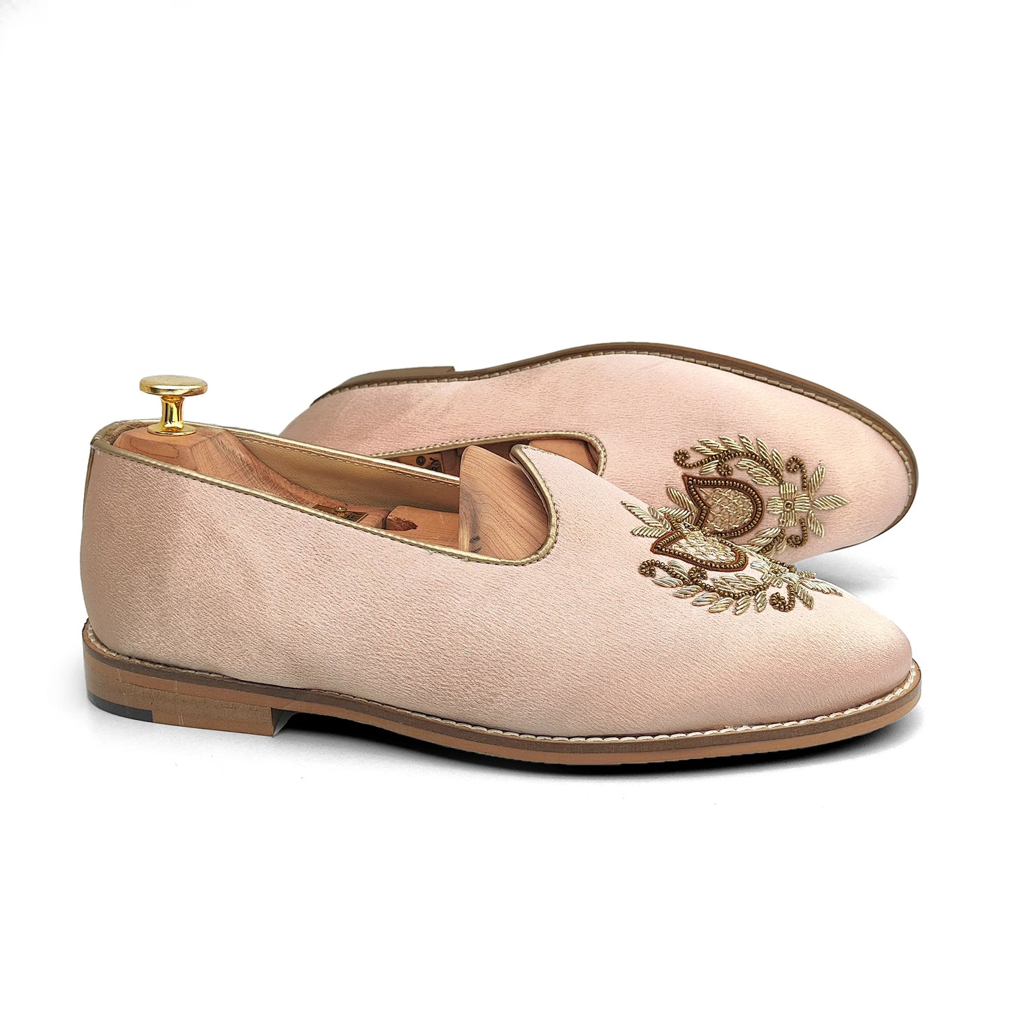 Pink Satin Gold Zardozi Handwork Wedding Shoes Ethnic Mojari for Men