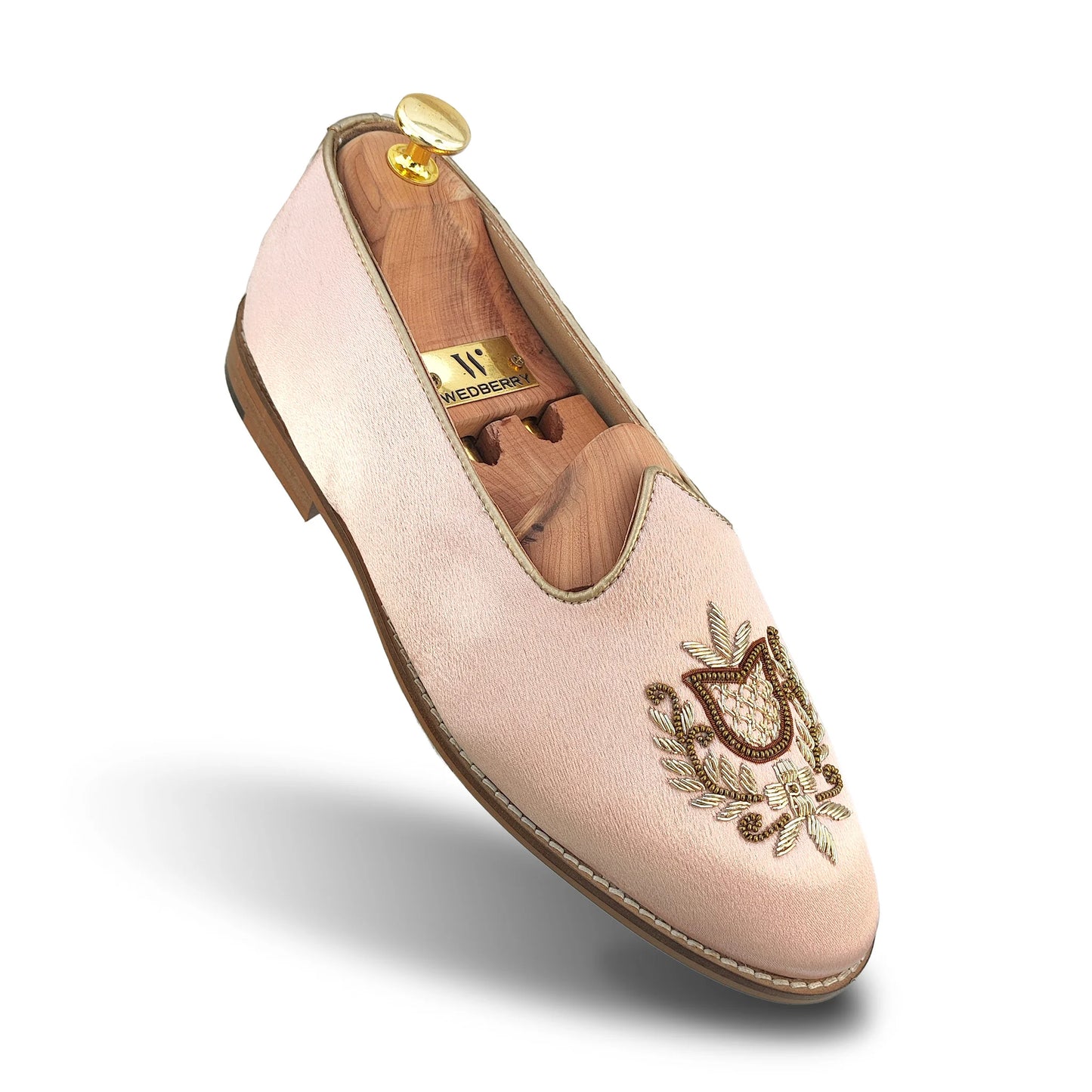 Pink Satin Gold Zardozi Handwork Wedding Shoes Ethnic Mojari for Men