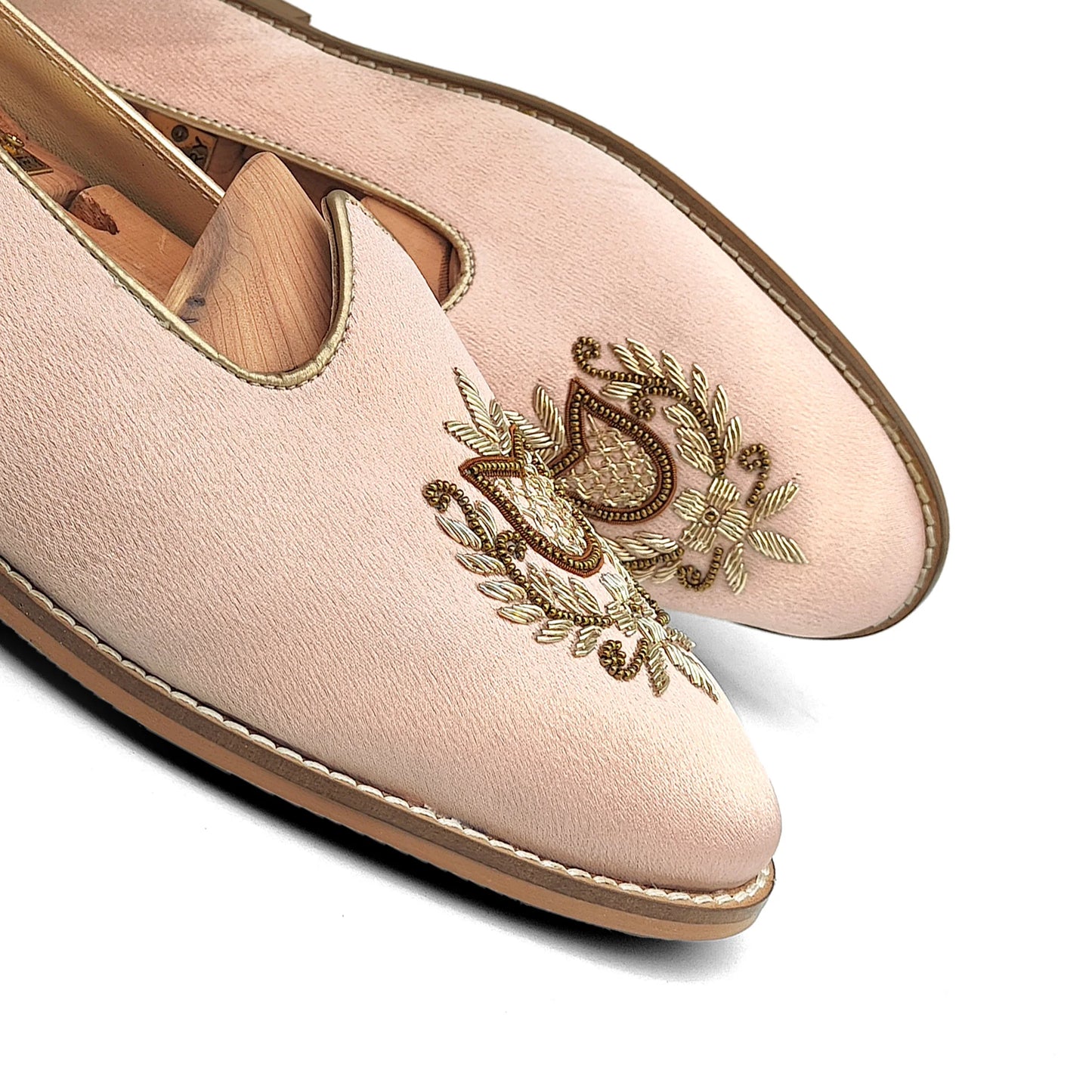 Pink Satin Gold Zardozi Handwork Wedding Shoes Ethnic Mojari for Men