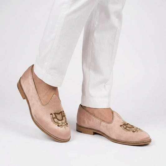 Pink Satin Gold Zardozi Handwork Wedding Shoes Ethnic Mojari for Men