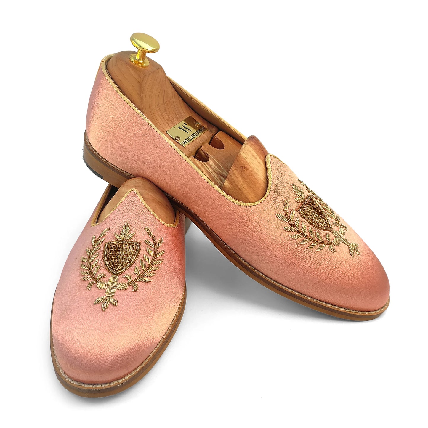 Peach Satin Zardozi Handwork Wedding Ethnic Shoes Party Loafers for Men