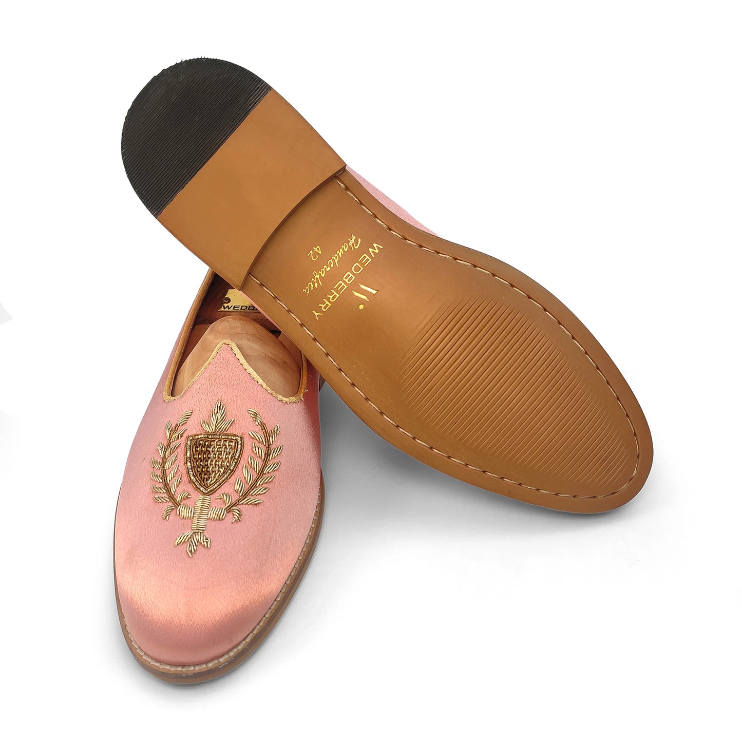 Peach Satin Zardozi Handwork Wedding Ethnic Shoes Party Loafers for Men