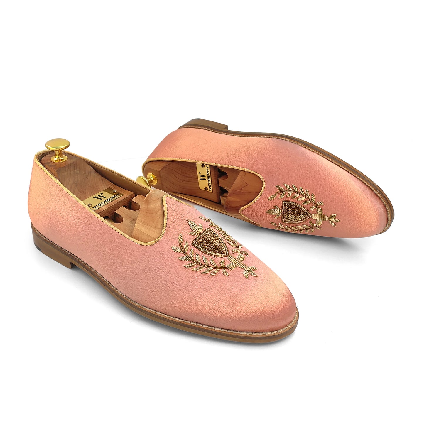 Peach Satin Zardozi Handwork Wedding Ethnic Shoes Party Loafers for Men