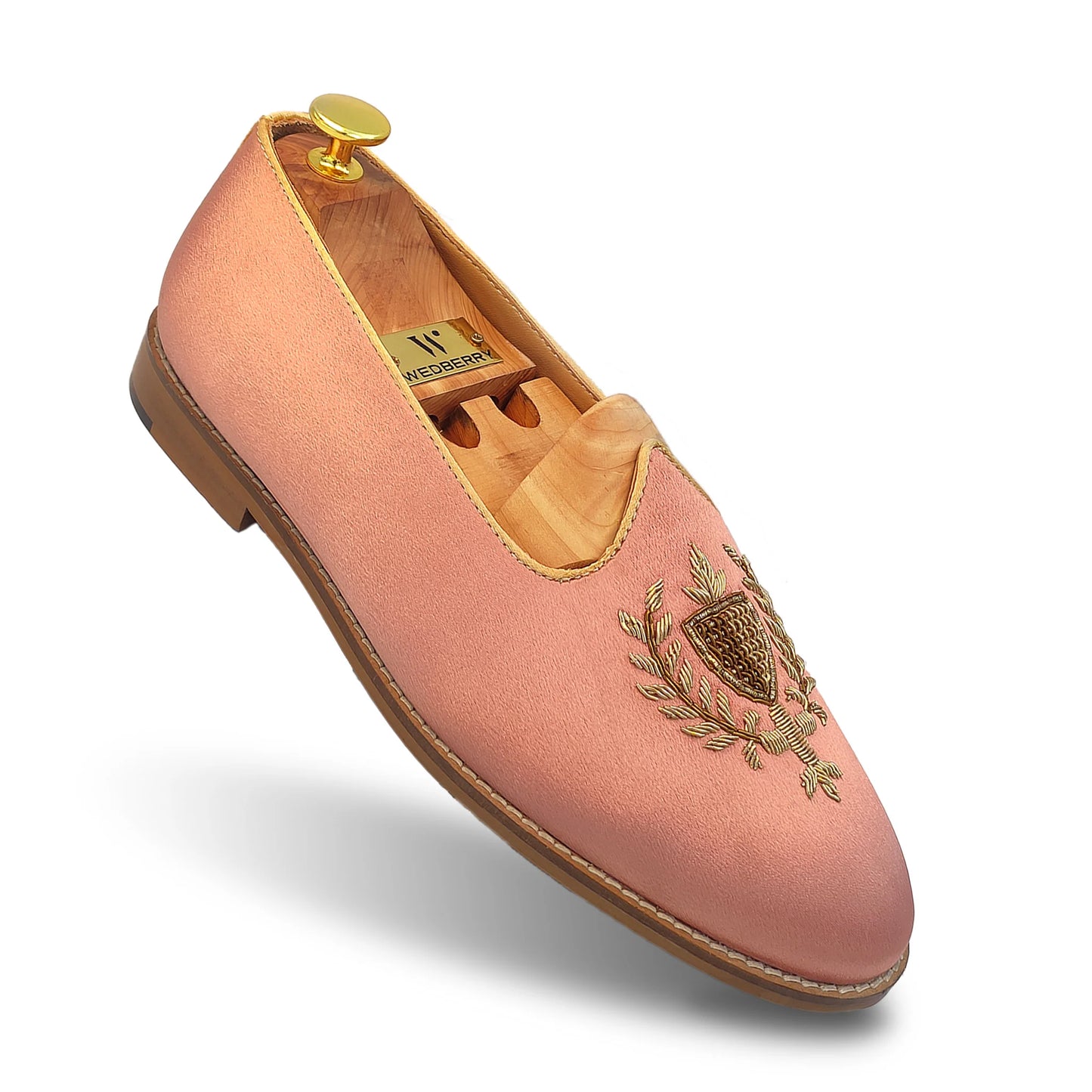 Peach Satin Zardozi Handwork Wedding Ethnic Shoes Party Loafers for Men