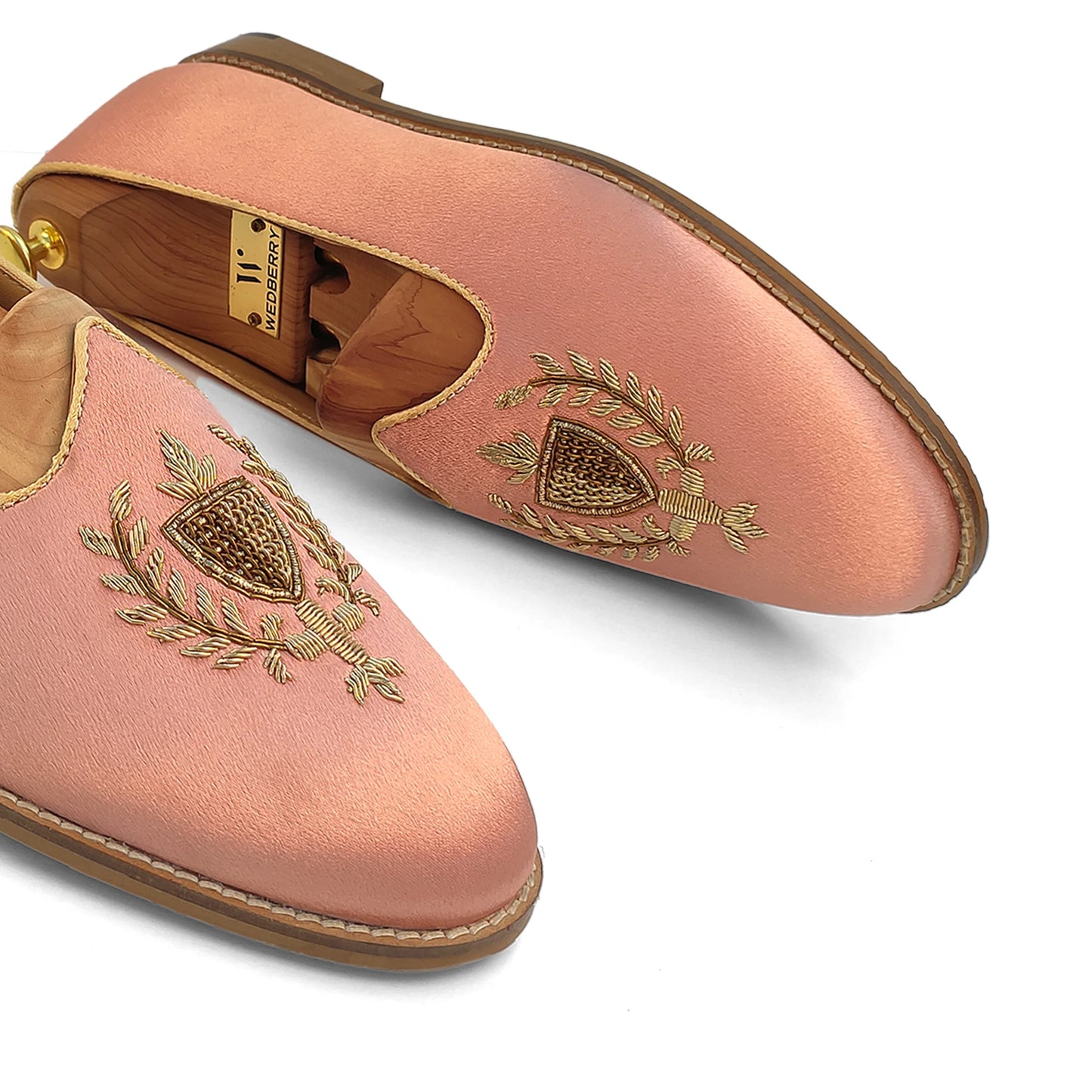 Peach Satin Zardozi Handwork Wedding Ethnic Shoes Party Loafers for Men