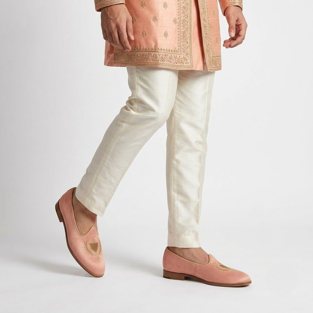Peach Satin Zardozi Handwork Wedding Ethnic Shoes Party Loafers for Men