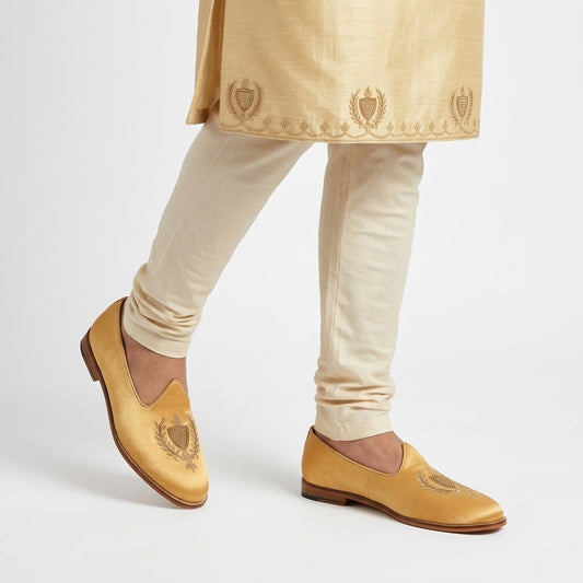 Gold Satin Zardozi Handwork Nagra Slipon Mojri for Men