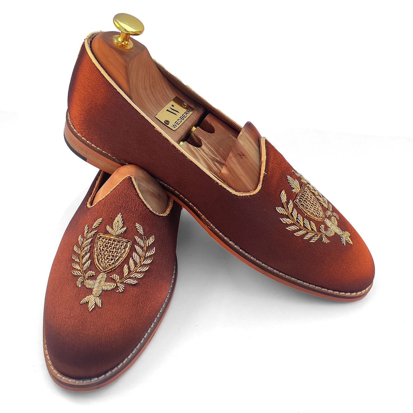 Brown Satin Zardozi Handwork Nagra Slipon Mojri for Men