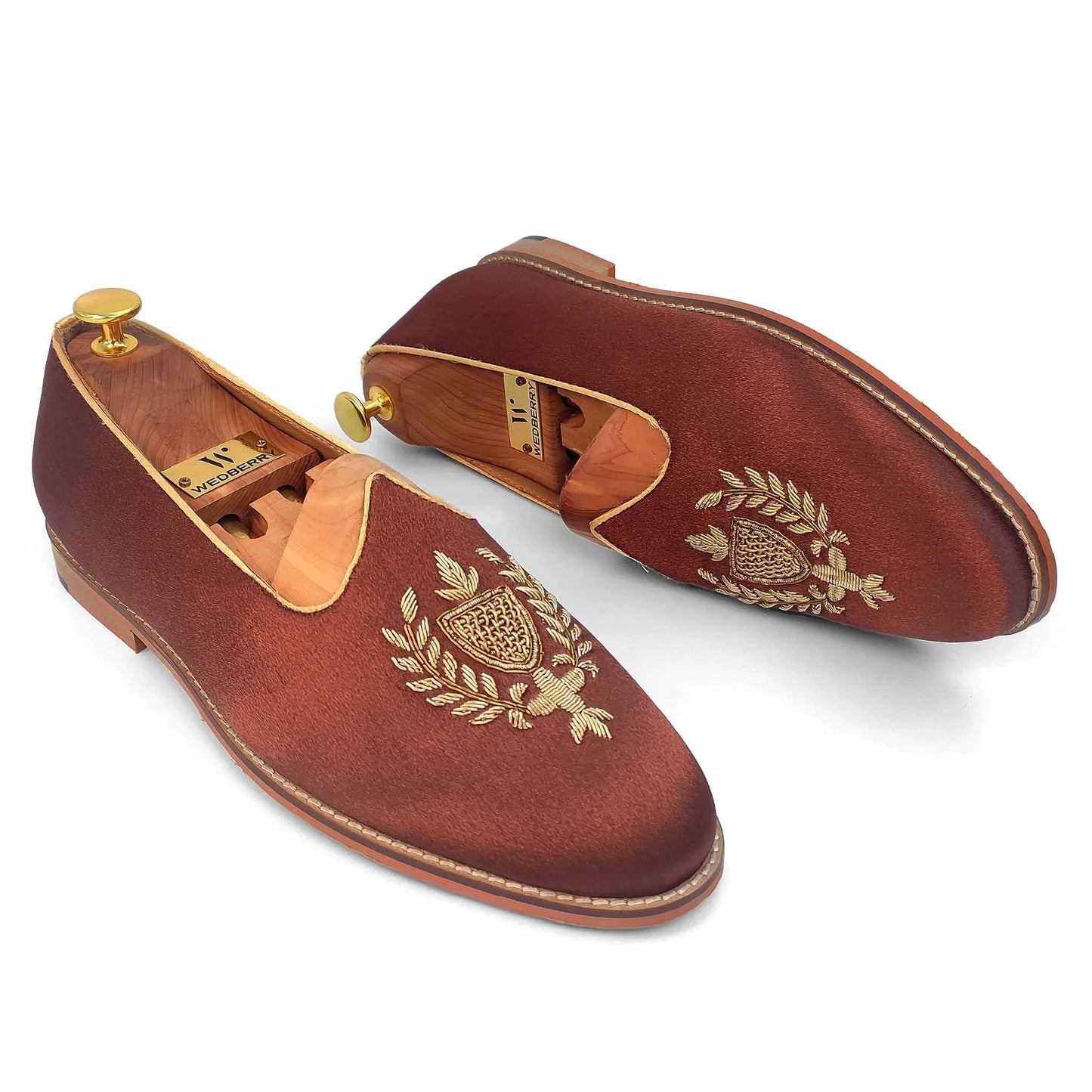 Brown Satin Zardozi Handwork Nagra Slipon Mojri for Men