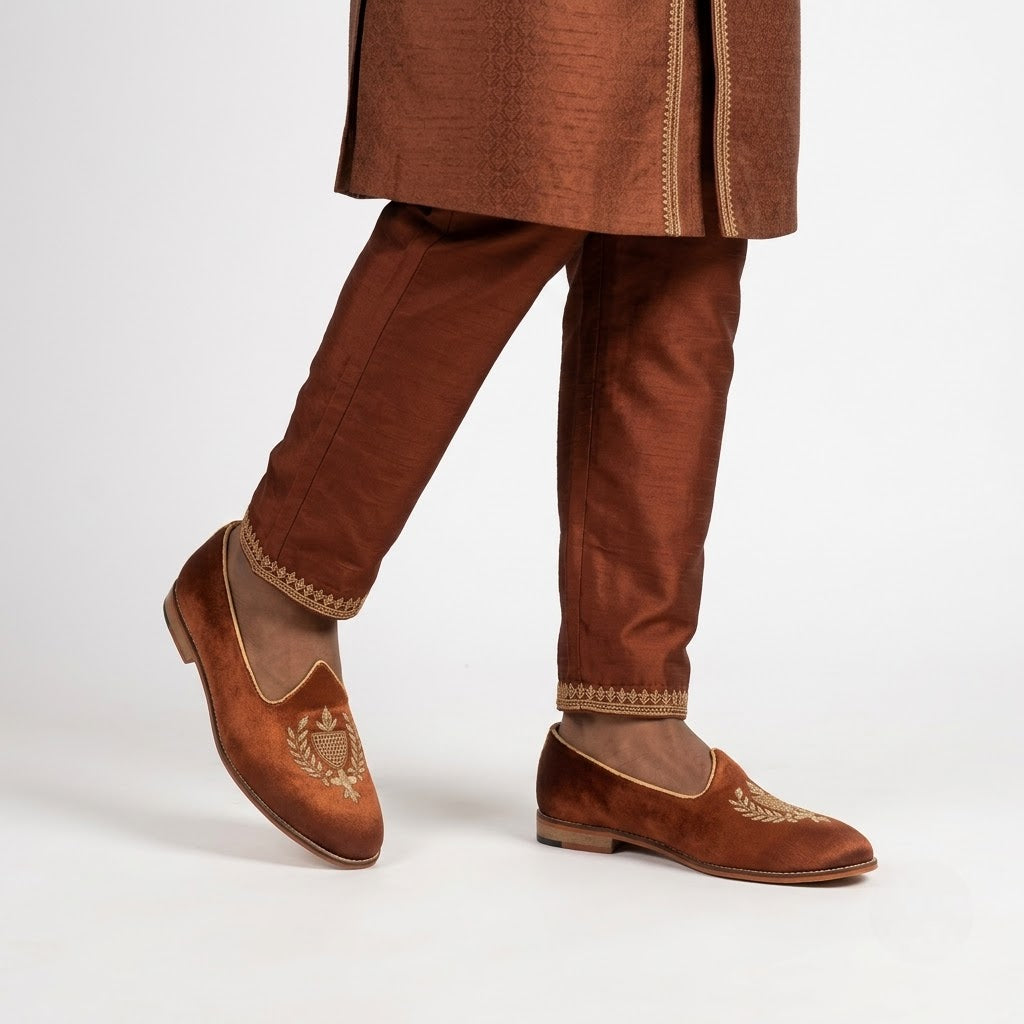 Brown Satin Zardozi Handwork Nagra Slipon Mojri for Men