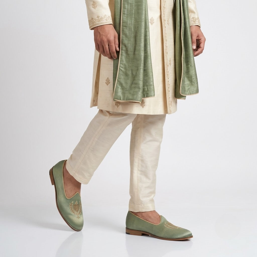 Pista Green Zardozi Handwork Wedding Ethnic Shoes Party Loafers for Men
