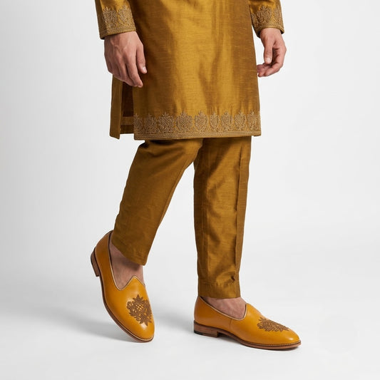 Mustard Zardozi Handwork Wedding Ethnic Shoes Party Loafers for Men