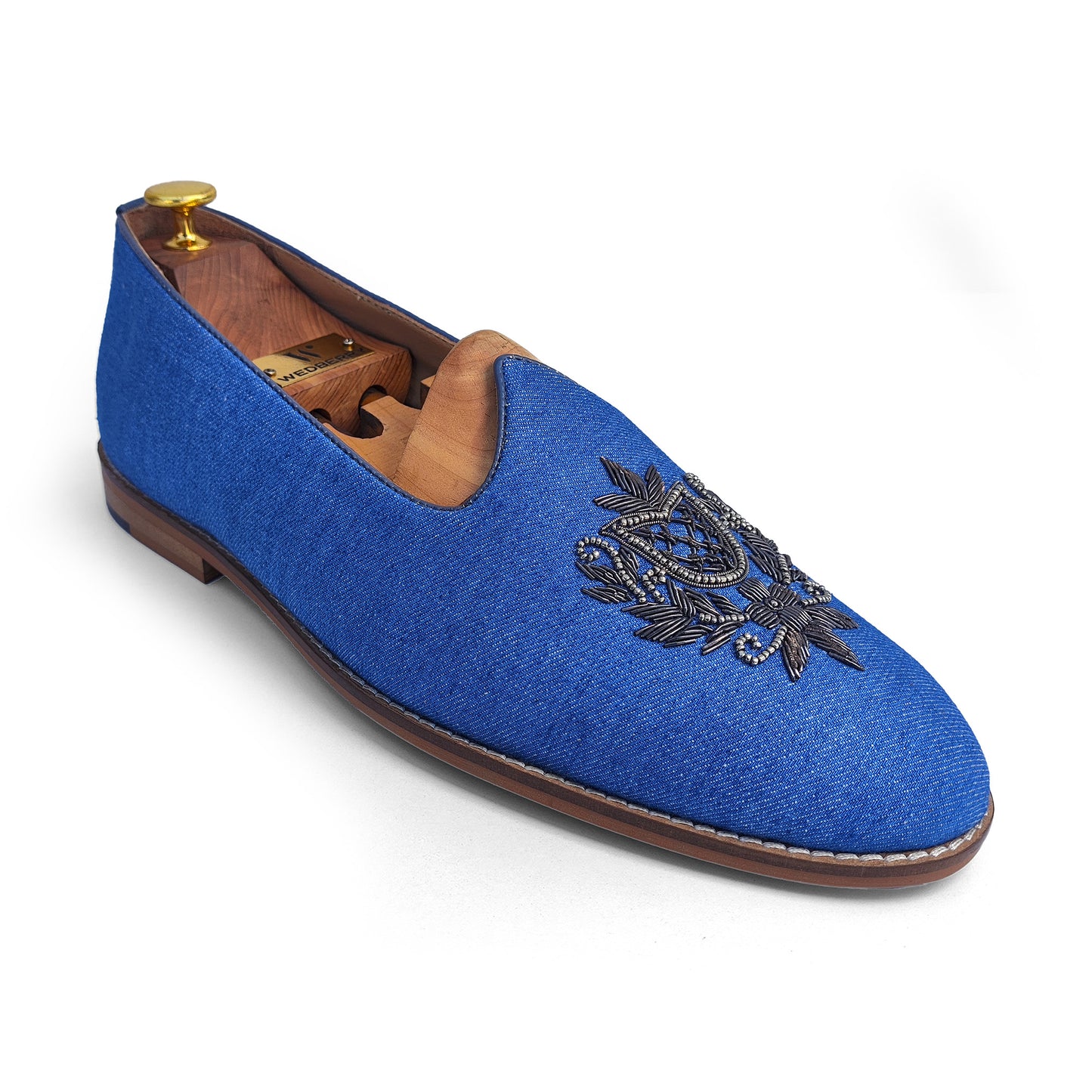 Authentic Denim with Gun Metal Zardozi Handwork Ethnic Wedding Mojari Loafer Shoes for Men