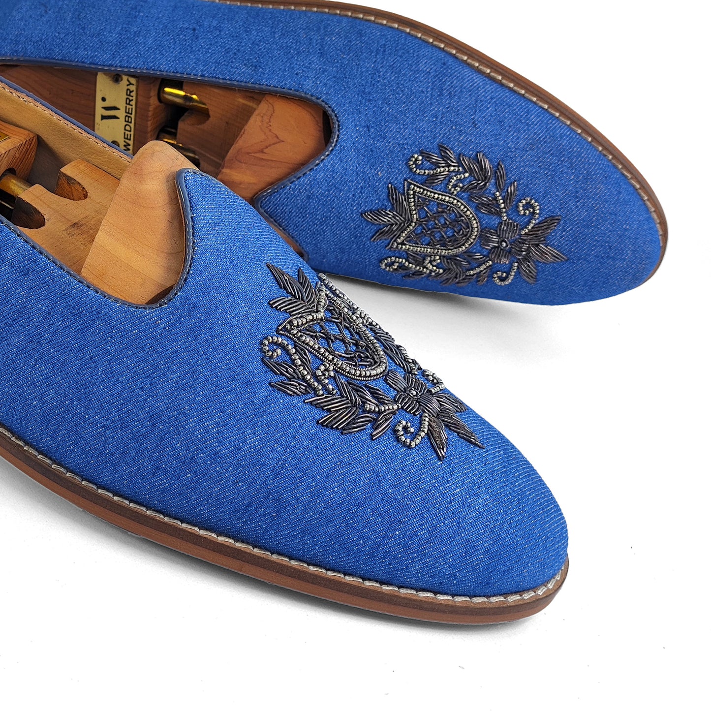 Authentic Denim with Gun Metal Zardozi Handwork Ethnic Wedding Mojari Loafer Shoes for Men