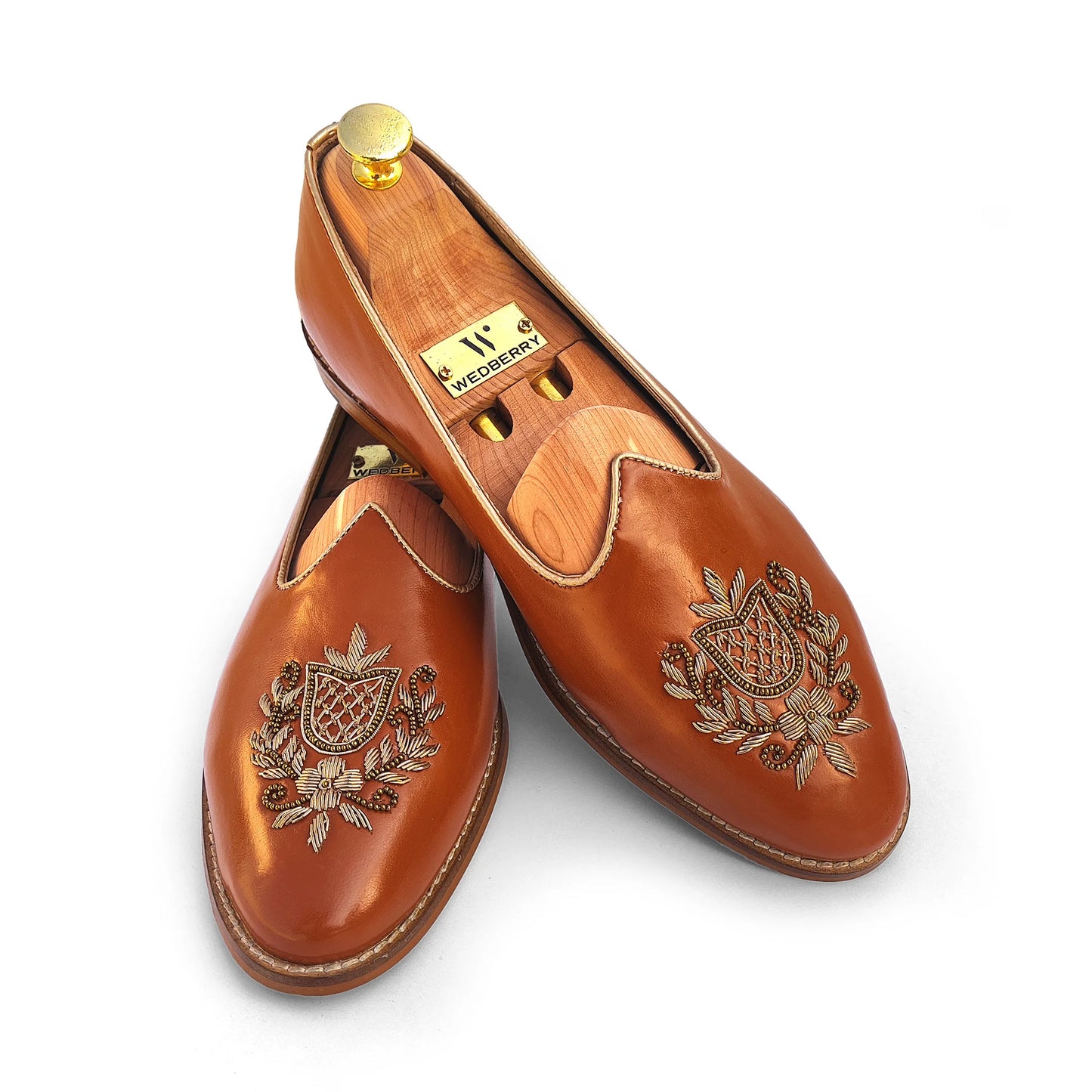 Tan Light Gold Zardozi Handwork Wedding Shoes Ethnic Mojari for Men