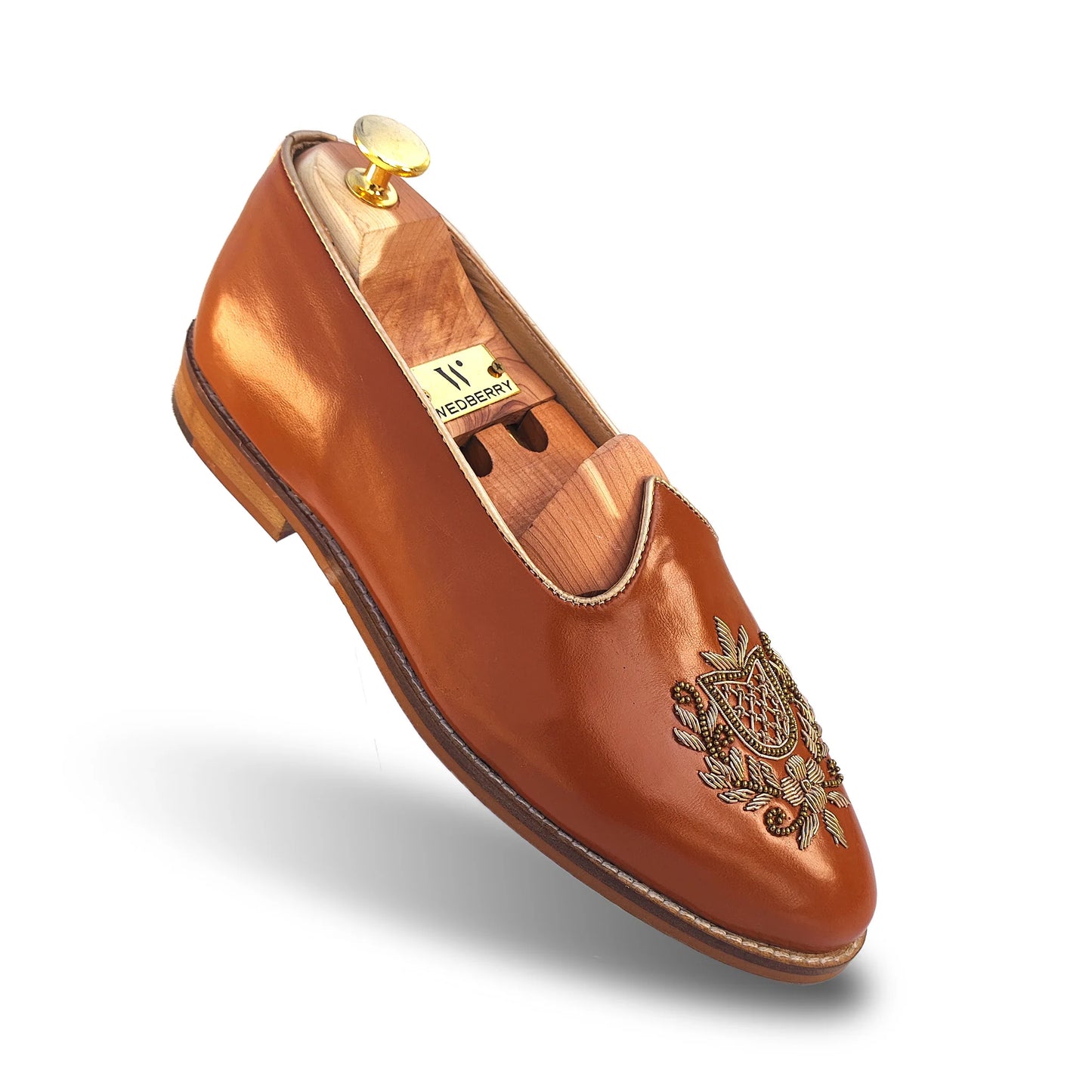 Tan Light Gold Zardozi Handwork Wedding Shoes Ethnic Mojari for Men