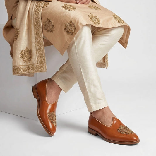 Tan Light Gold Zardozi Handwork Wedding Shoes Ethnic Mojari for Men