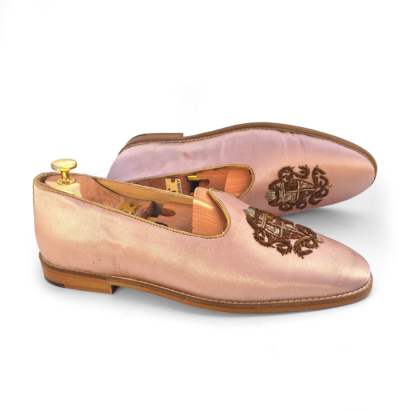 Light Pink Antique Gold Zardozi Handwork Wedding Shoes Ethnic Mojari for Men