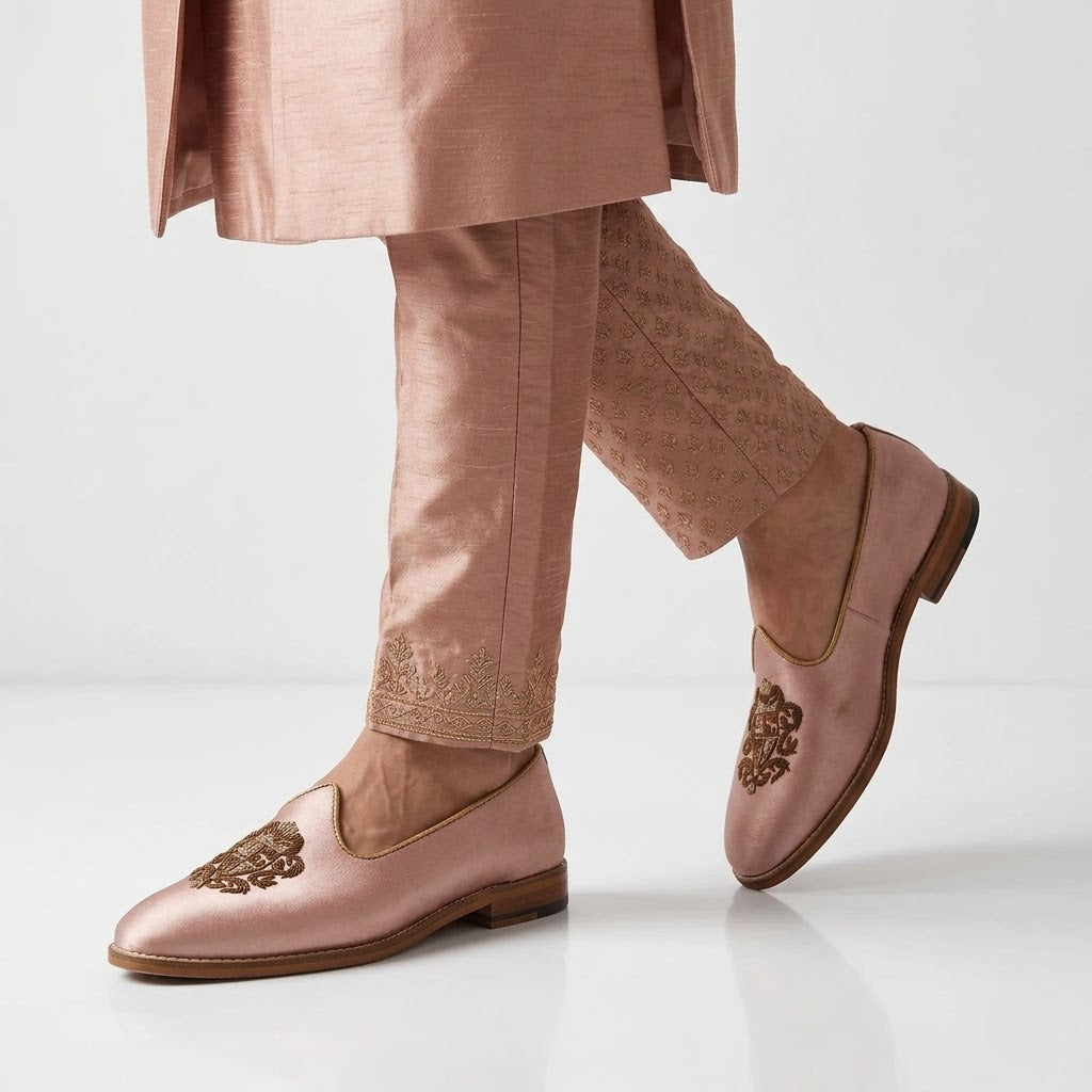 Light Pink Antique Gold Zardozi Handwork Wedding Shoes Ethnic Mojari for Men