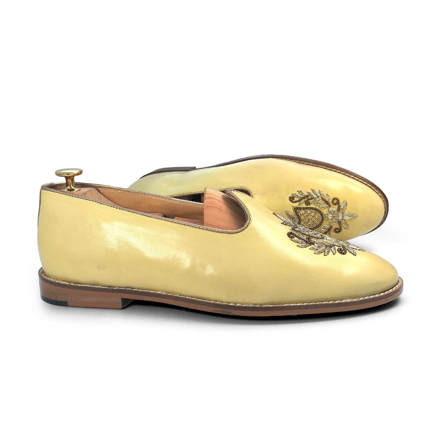 Light Yellow Light Gold Zardozi Handwork Wedding Shoes Ethnic Mojari for Men