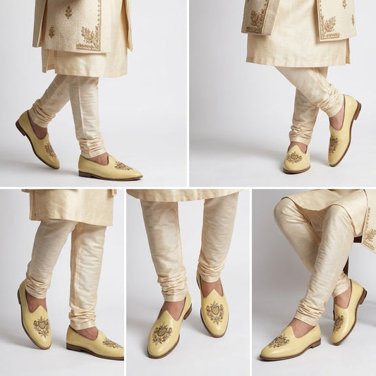 Light Yellow Light Gold Zardozi Handwork Wedding Shoes Ethnic Mojari for Men