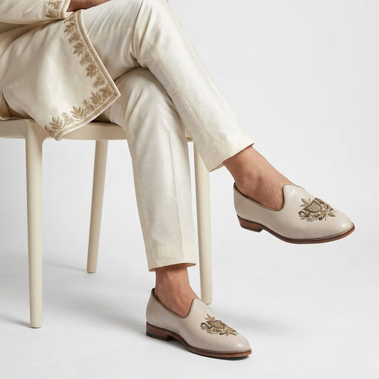 Light Creme Light Gold Zardozi Handwork Wedding Shoes Ethnic Mojari for Men