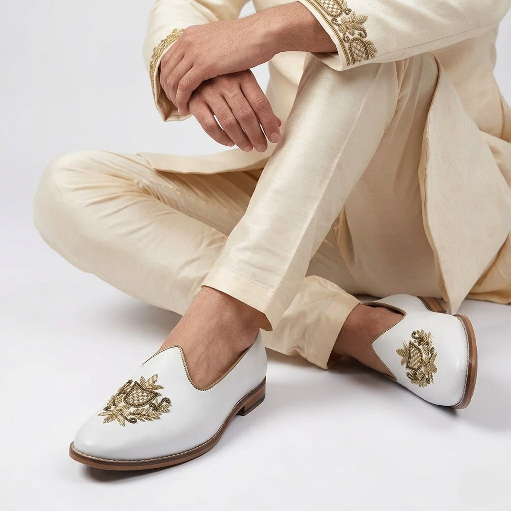 White Light Gold Zardozi Handwork Wedding Shoes Ethnic Mojari for Men
