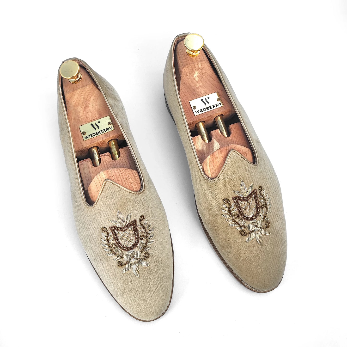 Creme Velvet Light Gold Zardozi Handwork Wedding Shoes Ethnic Mojari for Men