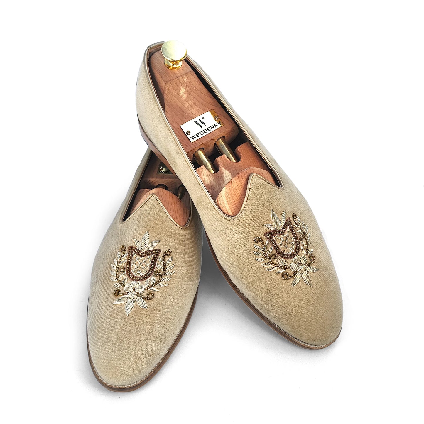 Creme Velvet Light Gold Zardozi Handwork Wedding Shoes Ethnic Mojari for Men