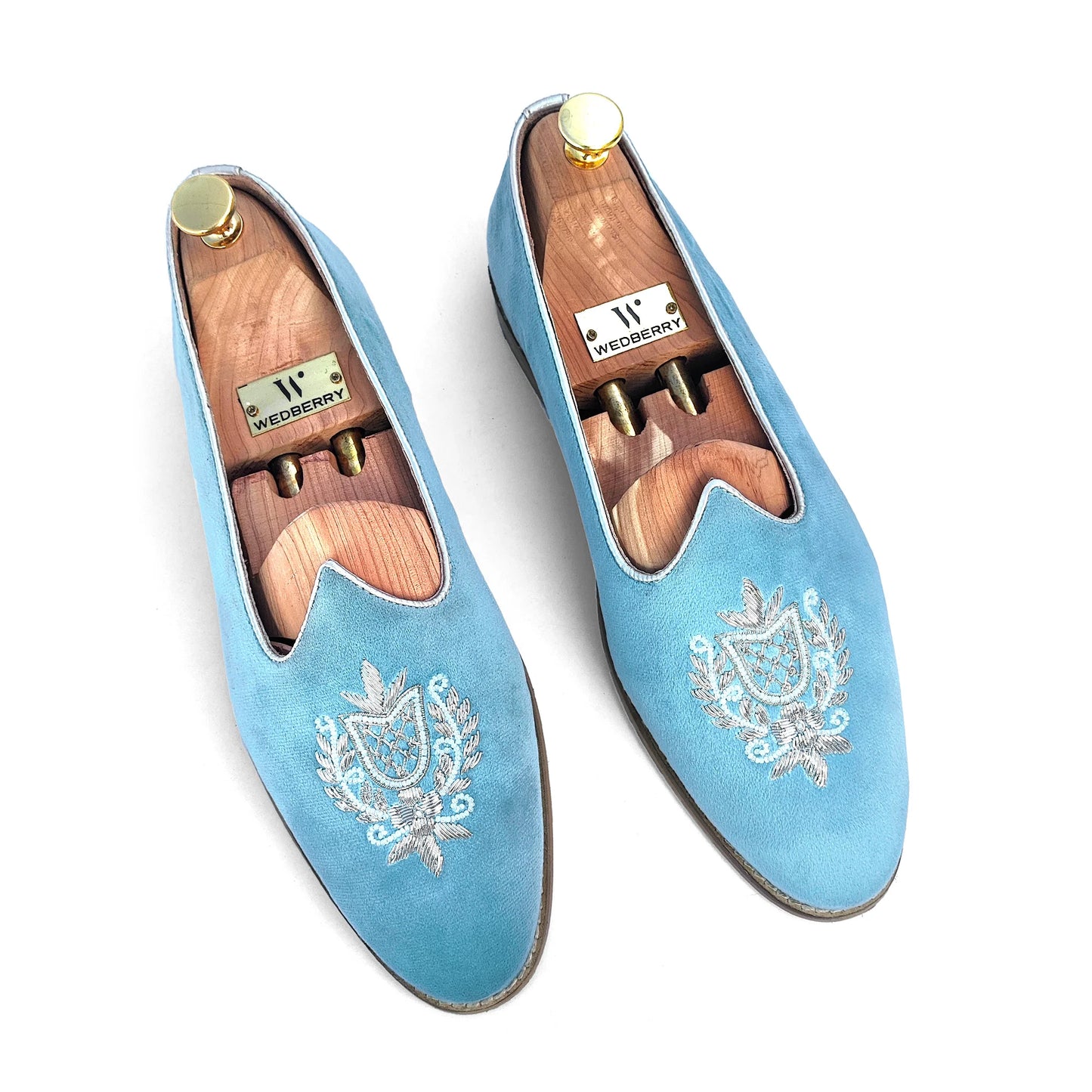 Sky Blue Velvet White Zardozi Handwork Wedding Shoes Ethnic Mojari for Men