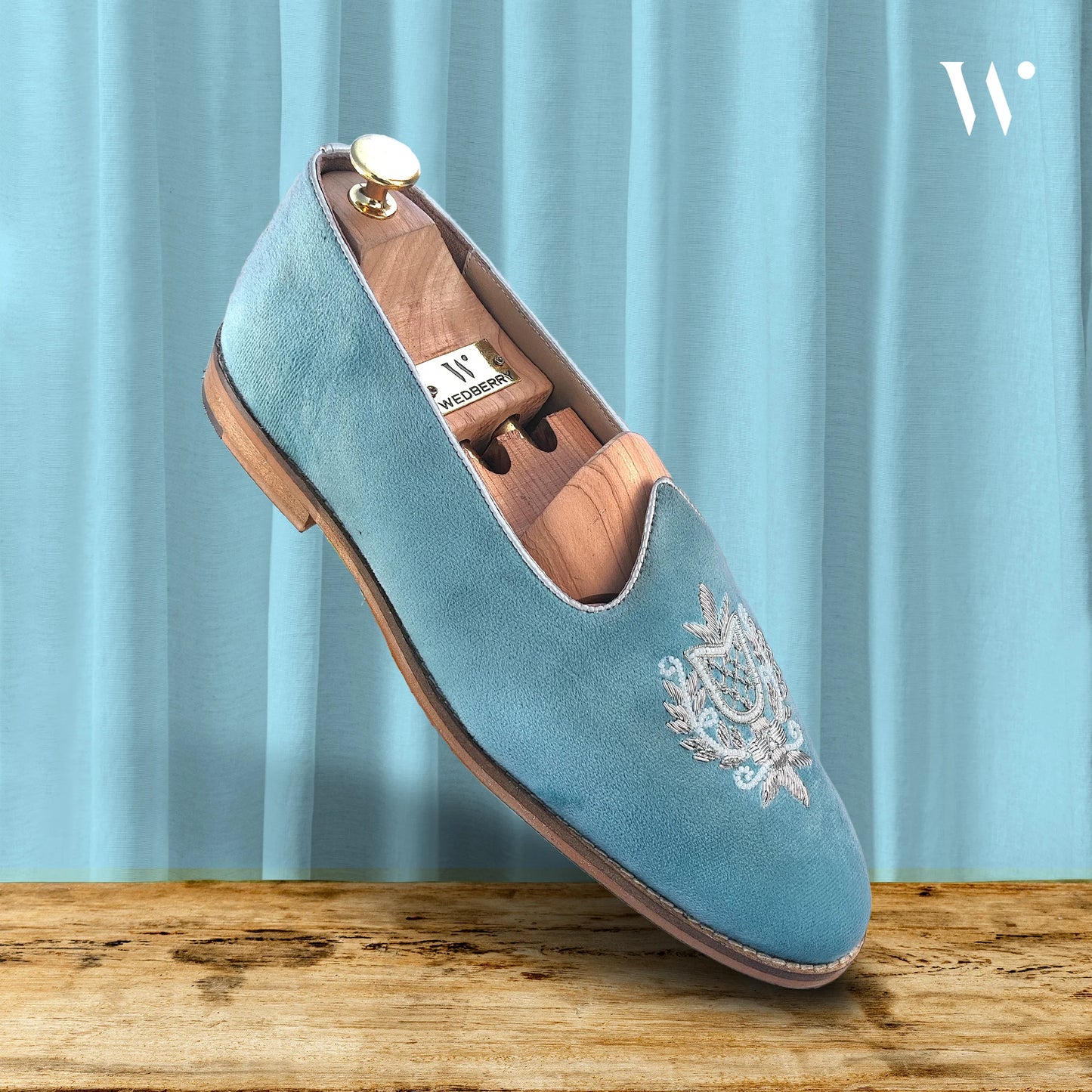 Sky Blue Velvet White Zardozi Handwork Wedding Shoes Ethnic Mojari for Men