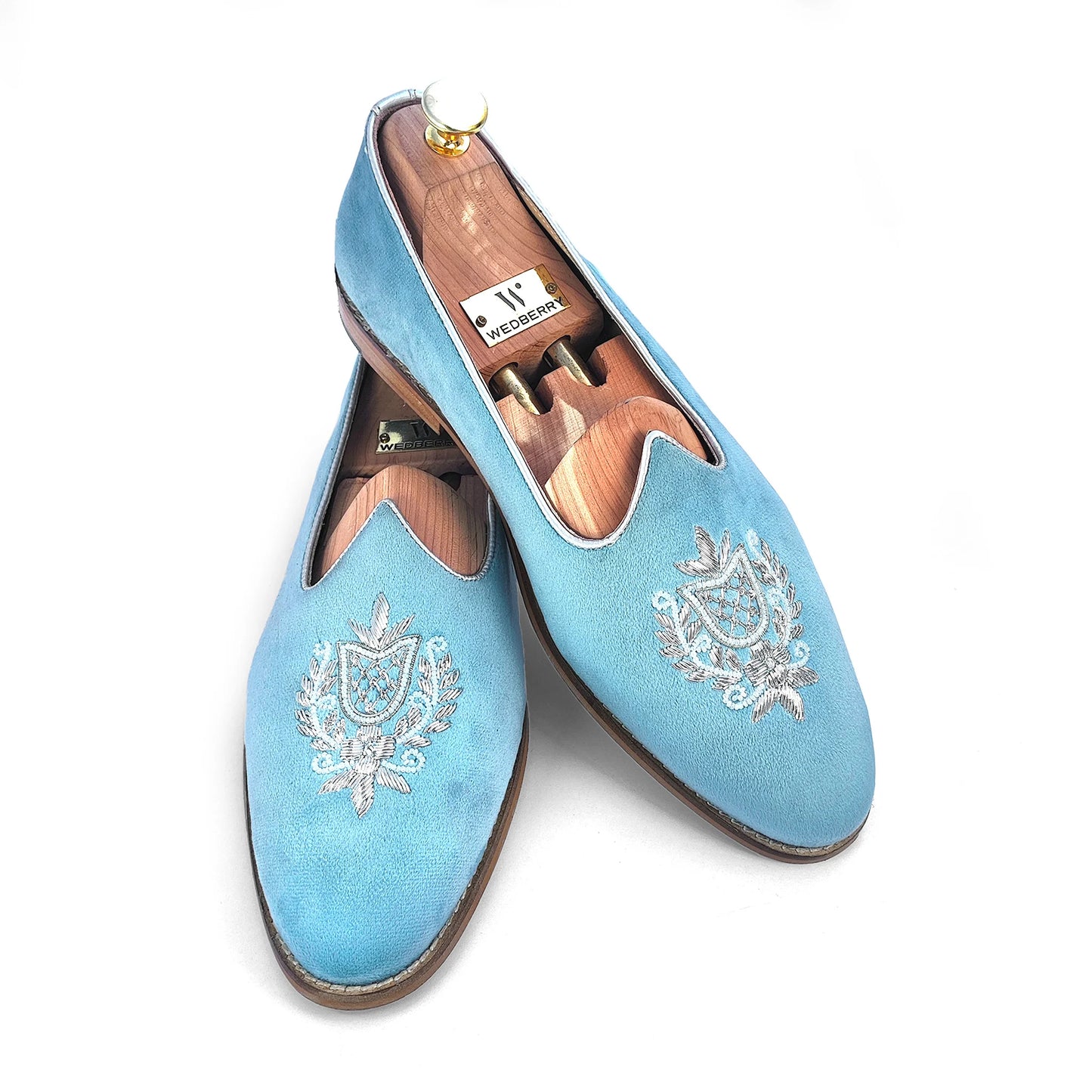 Sky Blue Velvet White Zardozi Handwork Wedding Shoes Ethnic Mojari for Men